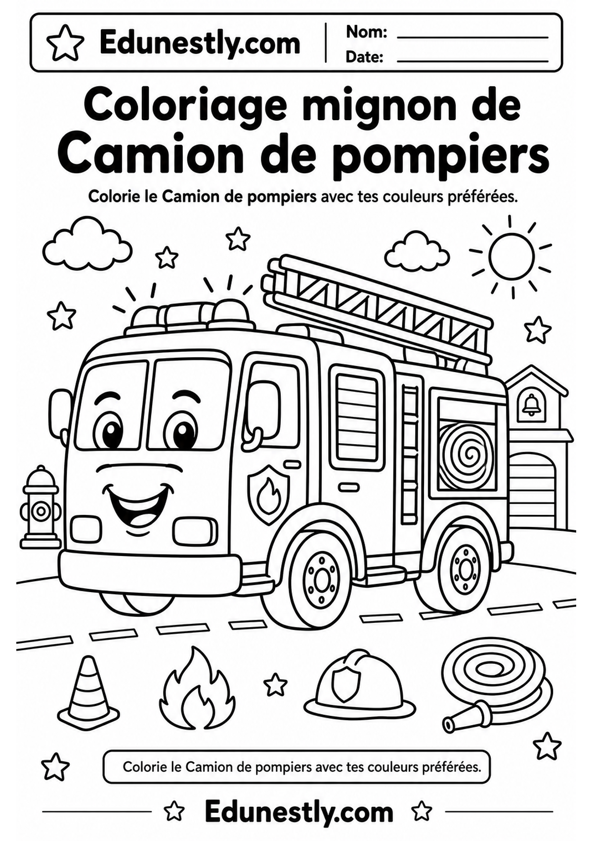 Coloriage mignon de Camion de pompiers