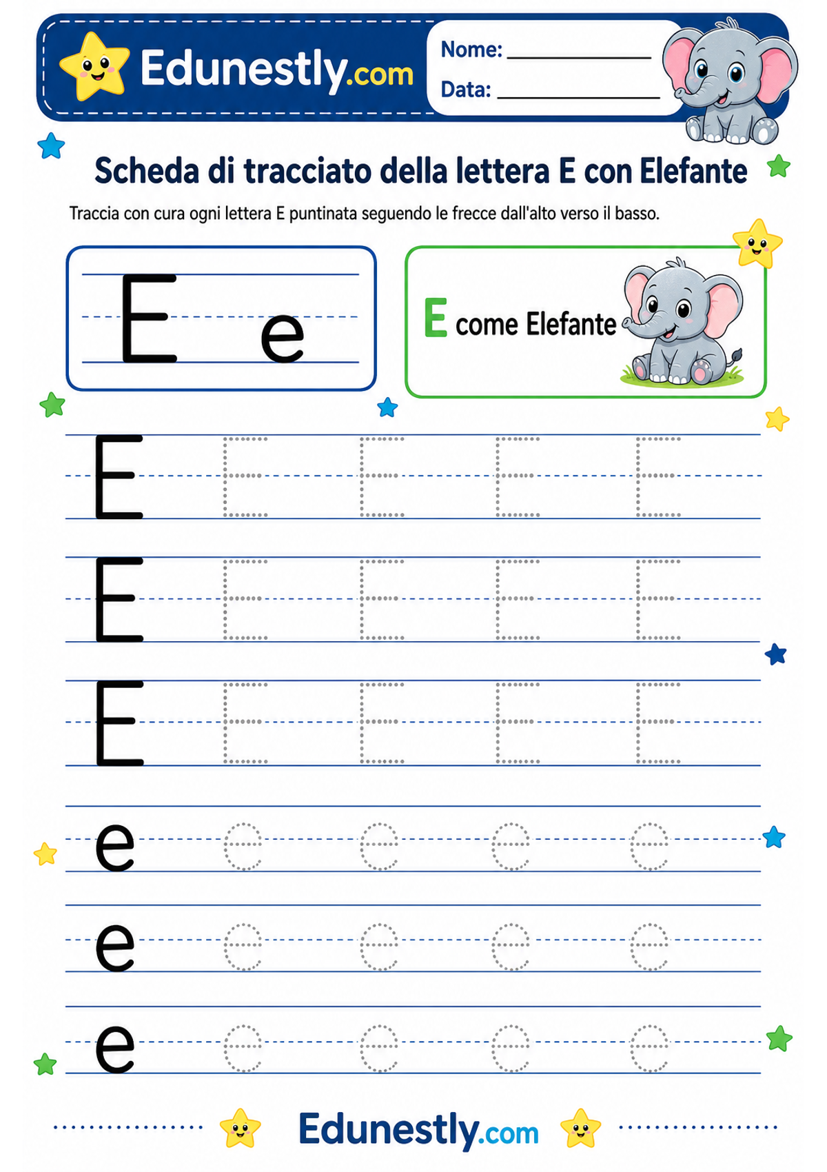 Scheda di tracciato della lettera E con Elefante