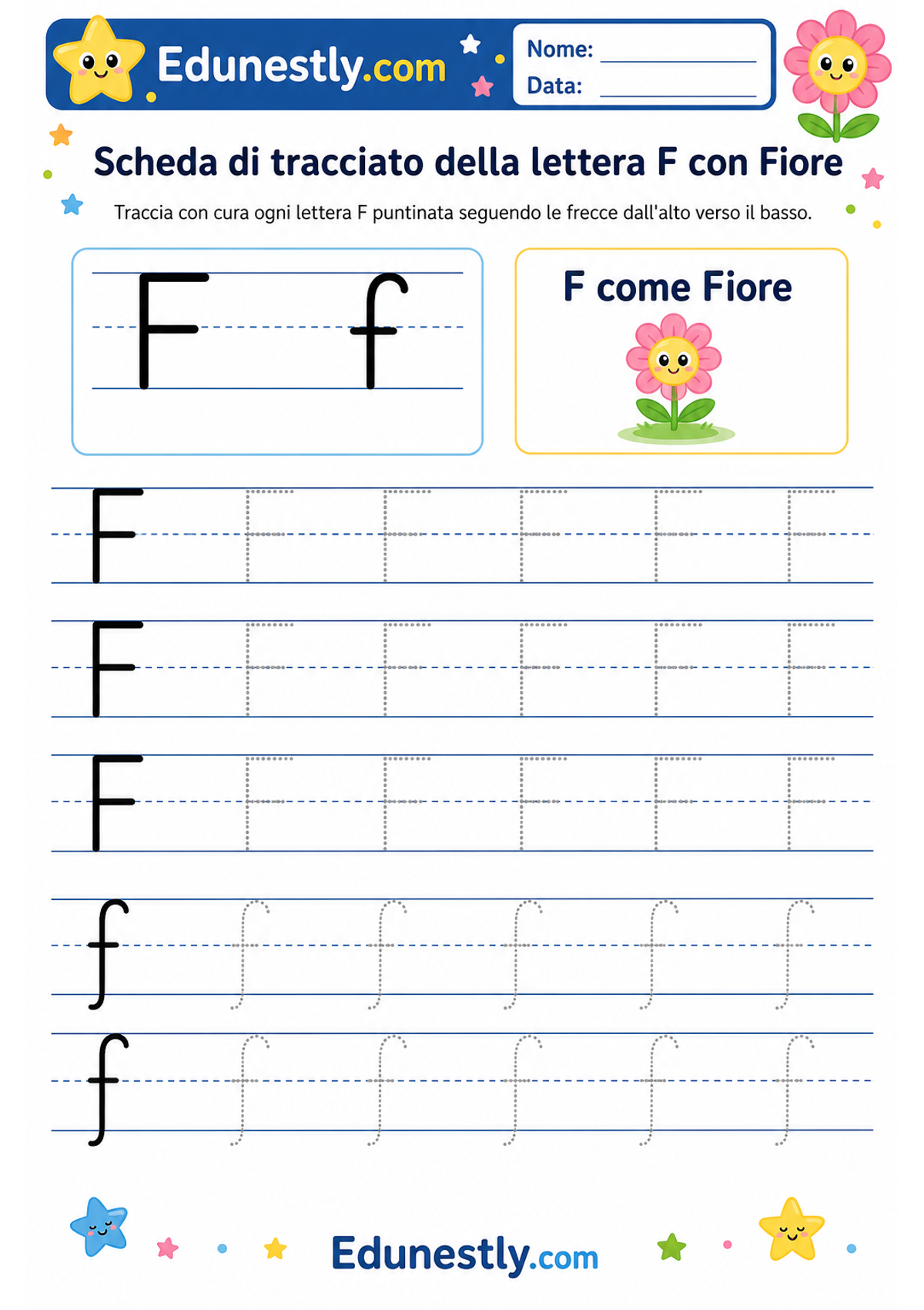 Scheda di tracciato della lettera F con Fiore