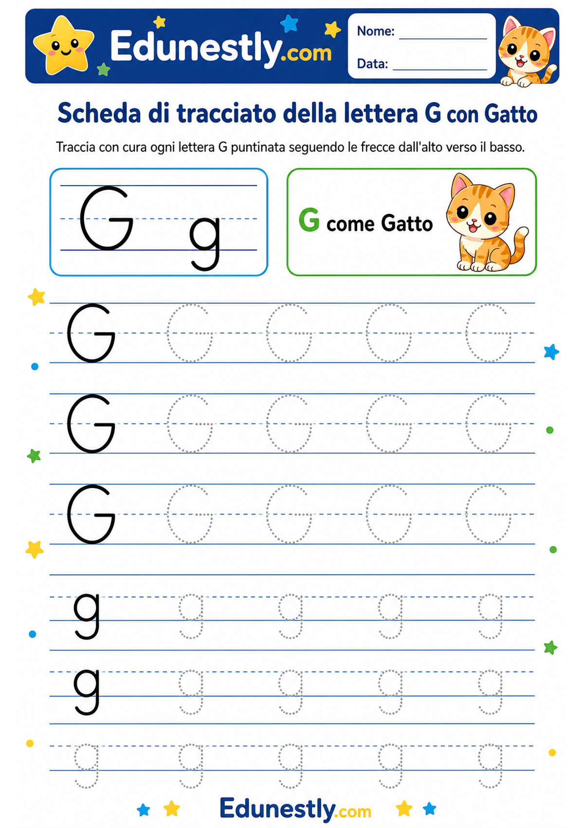 Scheda di tracciato della lettera G con Gatto