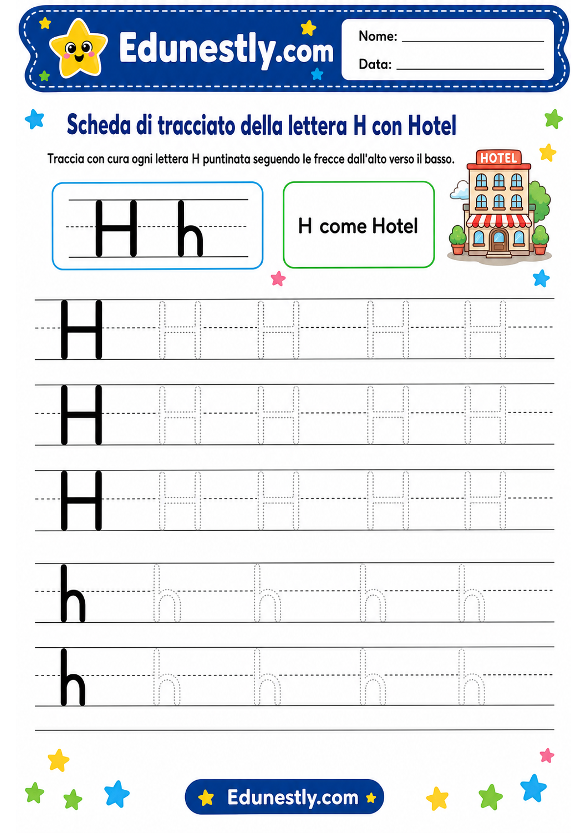 Scheda di tracciato della lettera H con Hotel