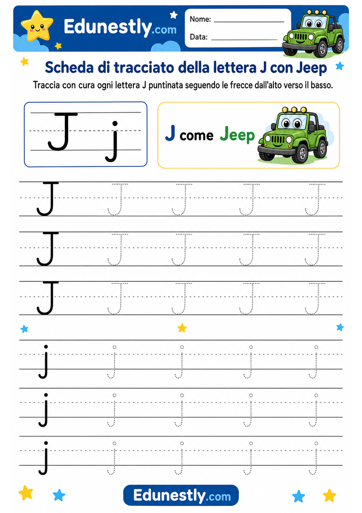 Scheda di tracciato della lettera J con Jeep