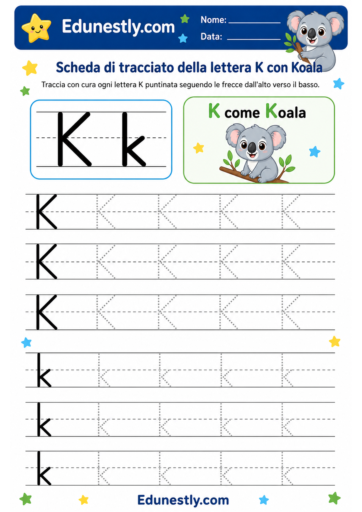 Scheda di tracciato della lettera K con Koala