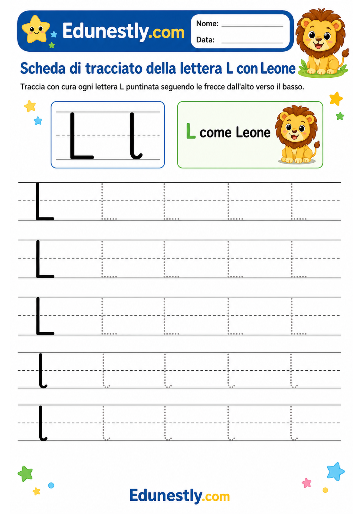 Scheda di tracciato della lettera L con Leone