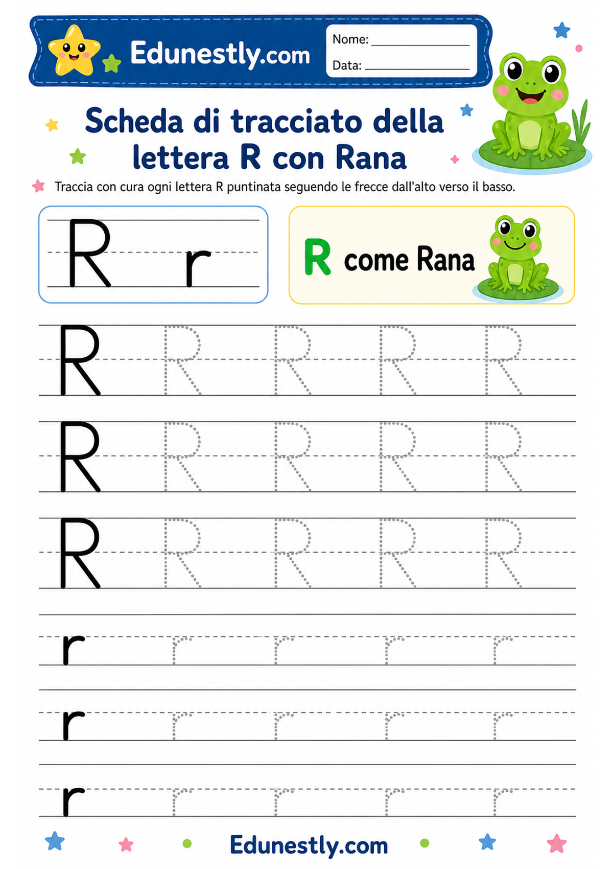 Scheda di tracciato della lettera R con Rana