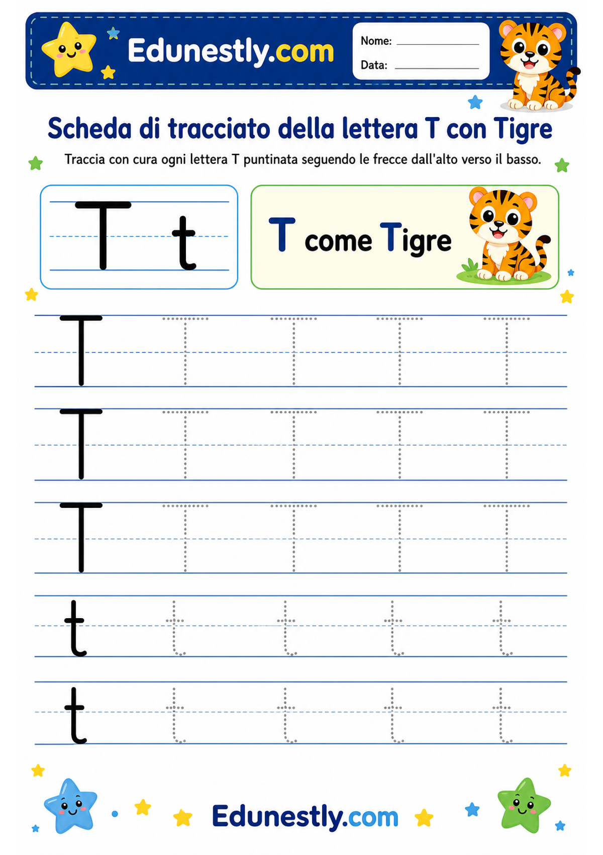 Scheda di tracciato della lettera T con Tigre