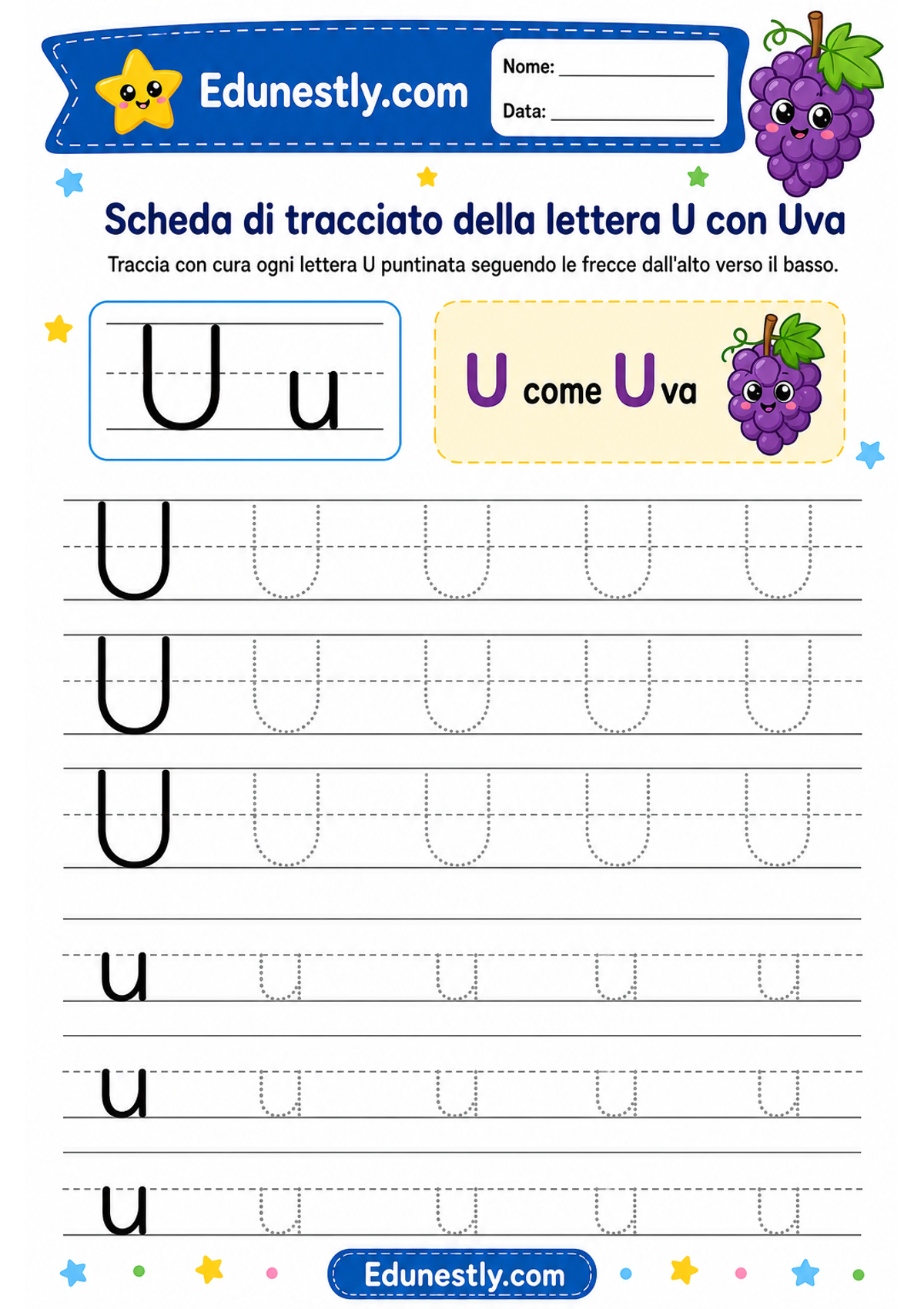 Scheda di tracciato della lettera U con Uva