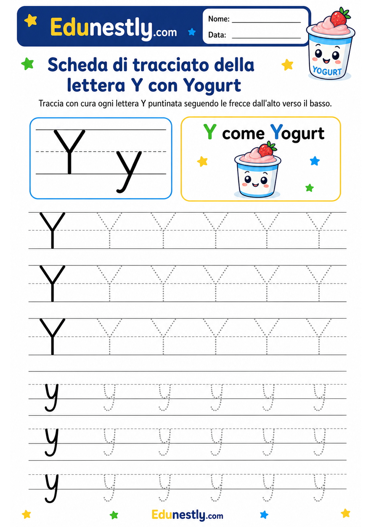 Scheda di tracciato della lettera Y con Yogurt