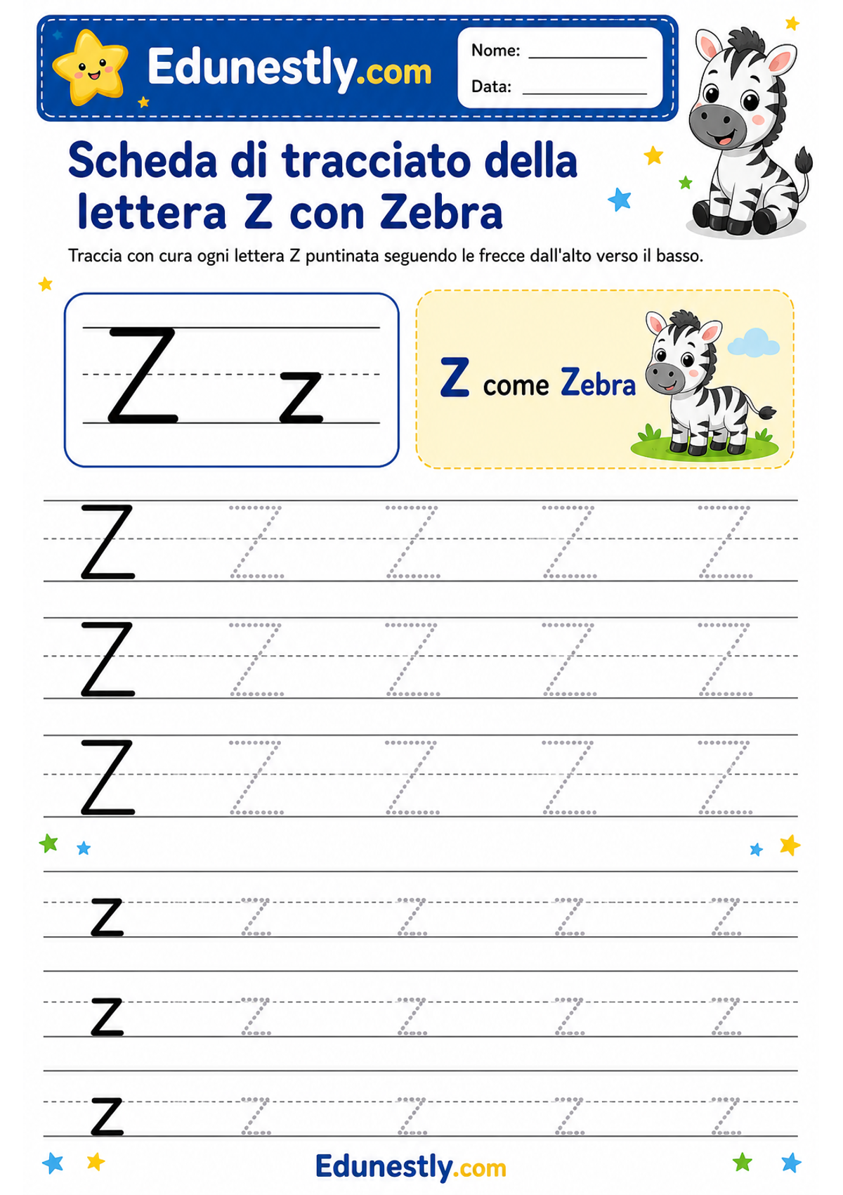 Scheda di tracciato della lettera Z con Zebra