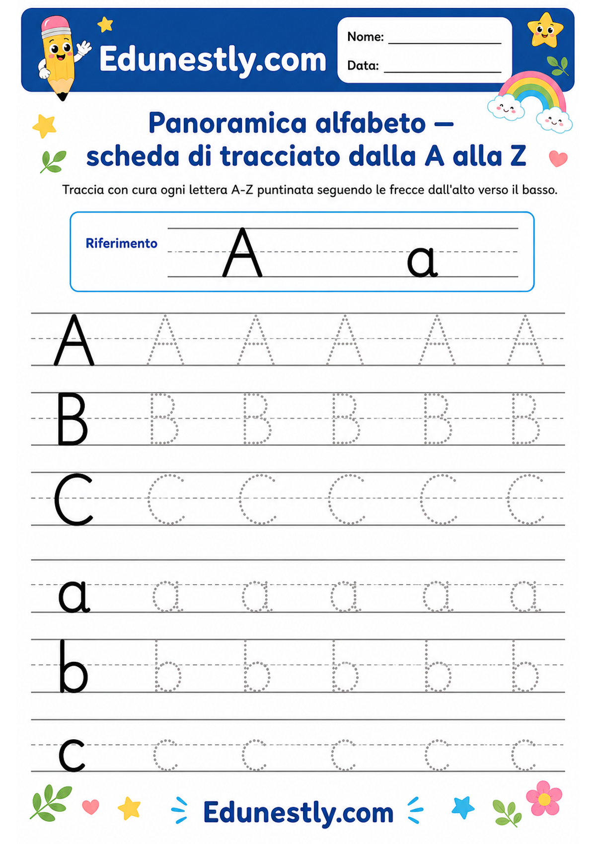 Panoramica alfabeto — scheda di tracciato dalla A alla Z