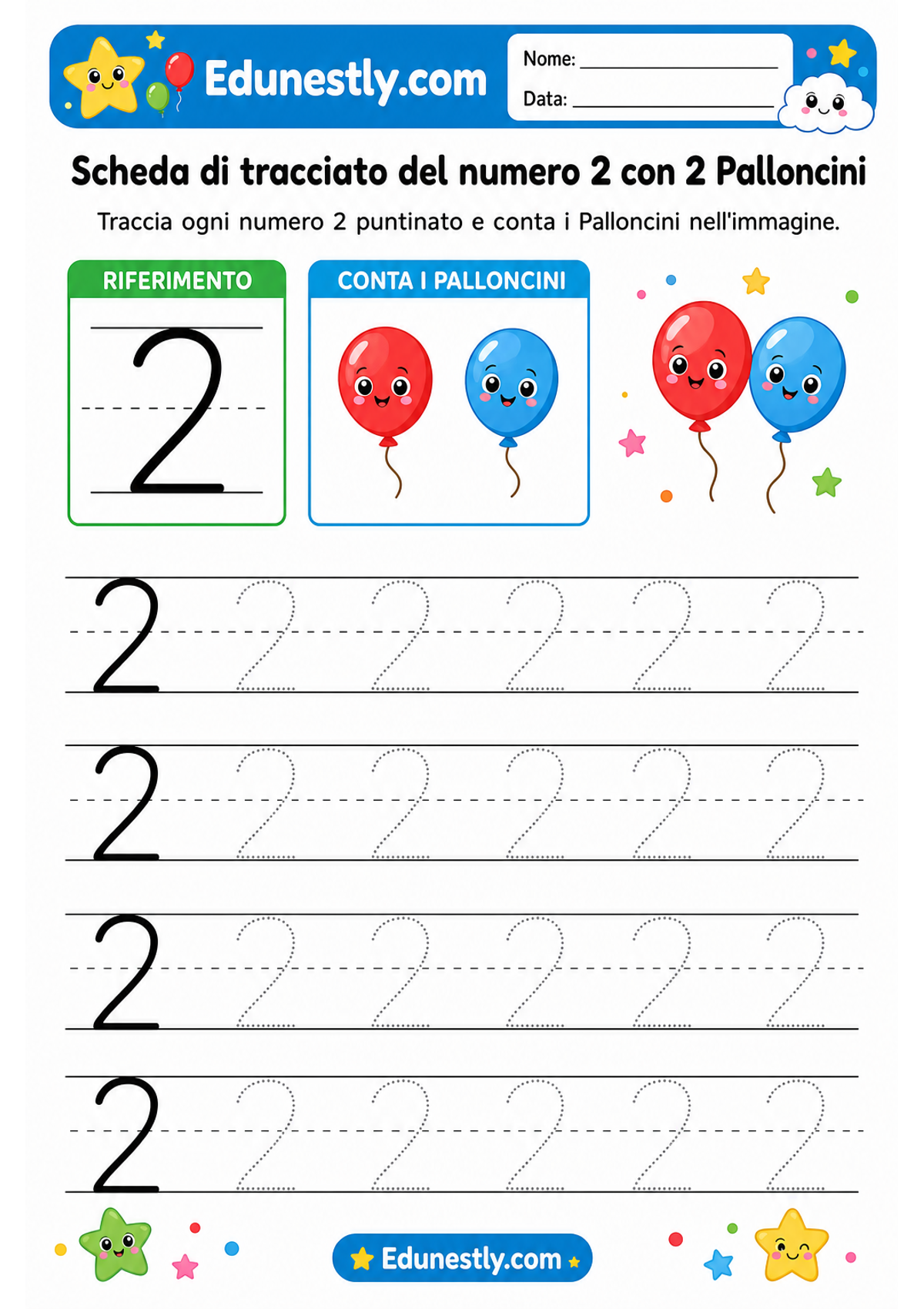 Scheda di tracciato del numero 2 con 2 Palloncini