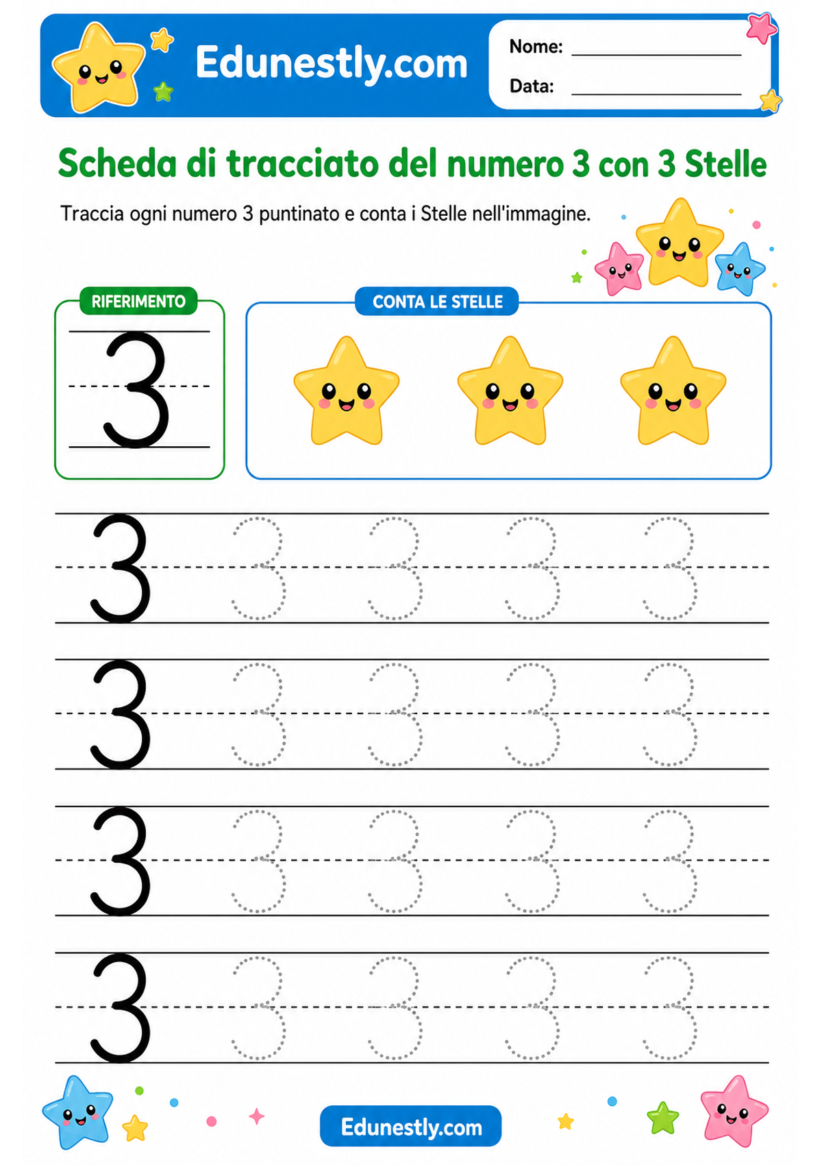Scheda di tracciato del numero 3 con 3 Stelle