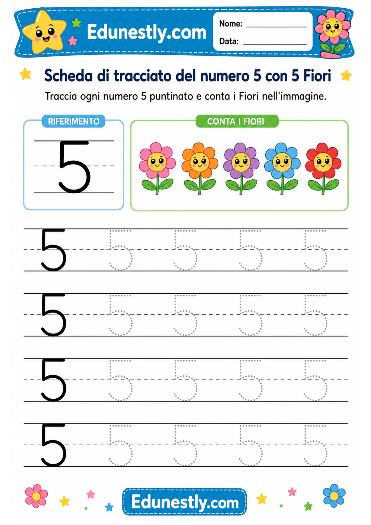 Scheda di tracciato del numero 5 con 5 Fiori