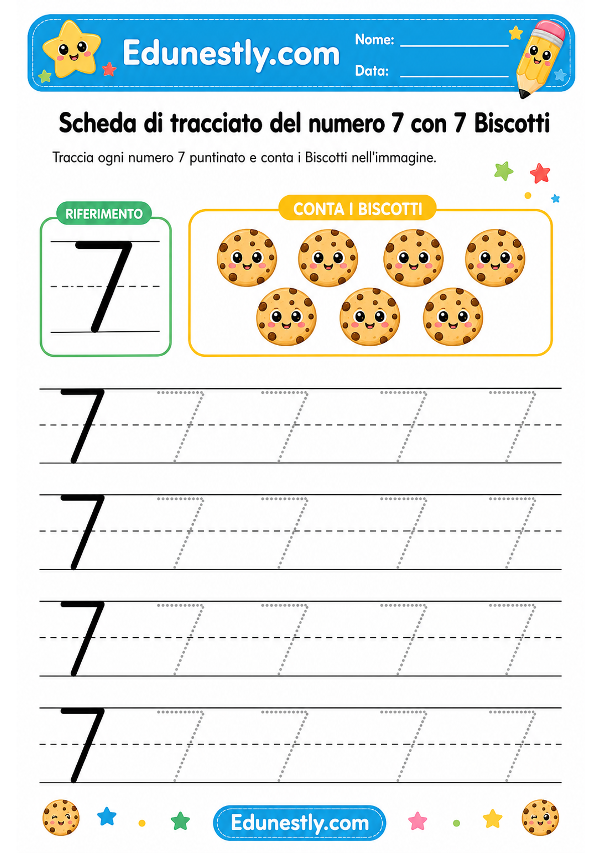 Scheda di tracciato del numero 7 con 7 Biscotti