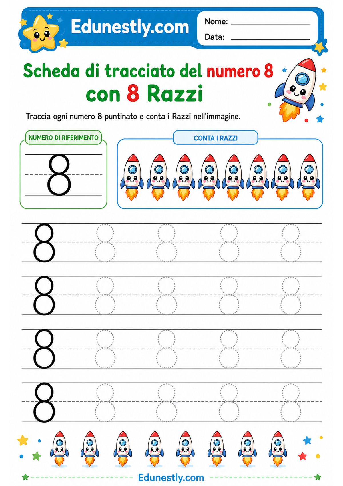 Scheda di tracciato del numero 8 con 8 Razzi