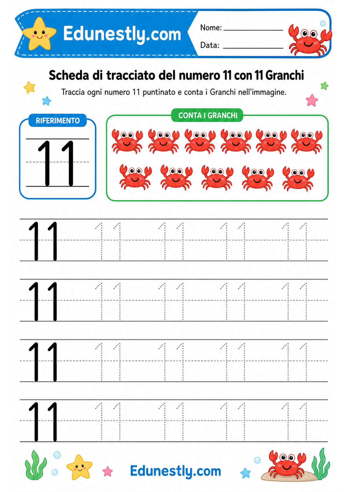 Scheda di tracciato del numero 11 con 11 Granchi