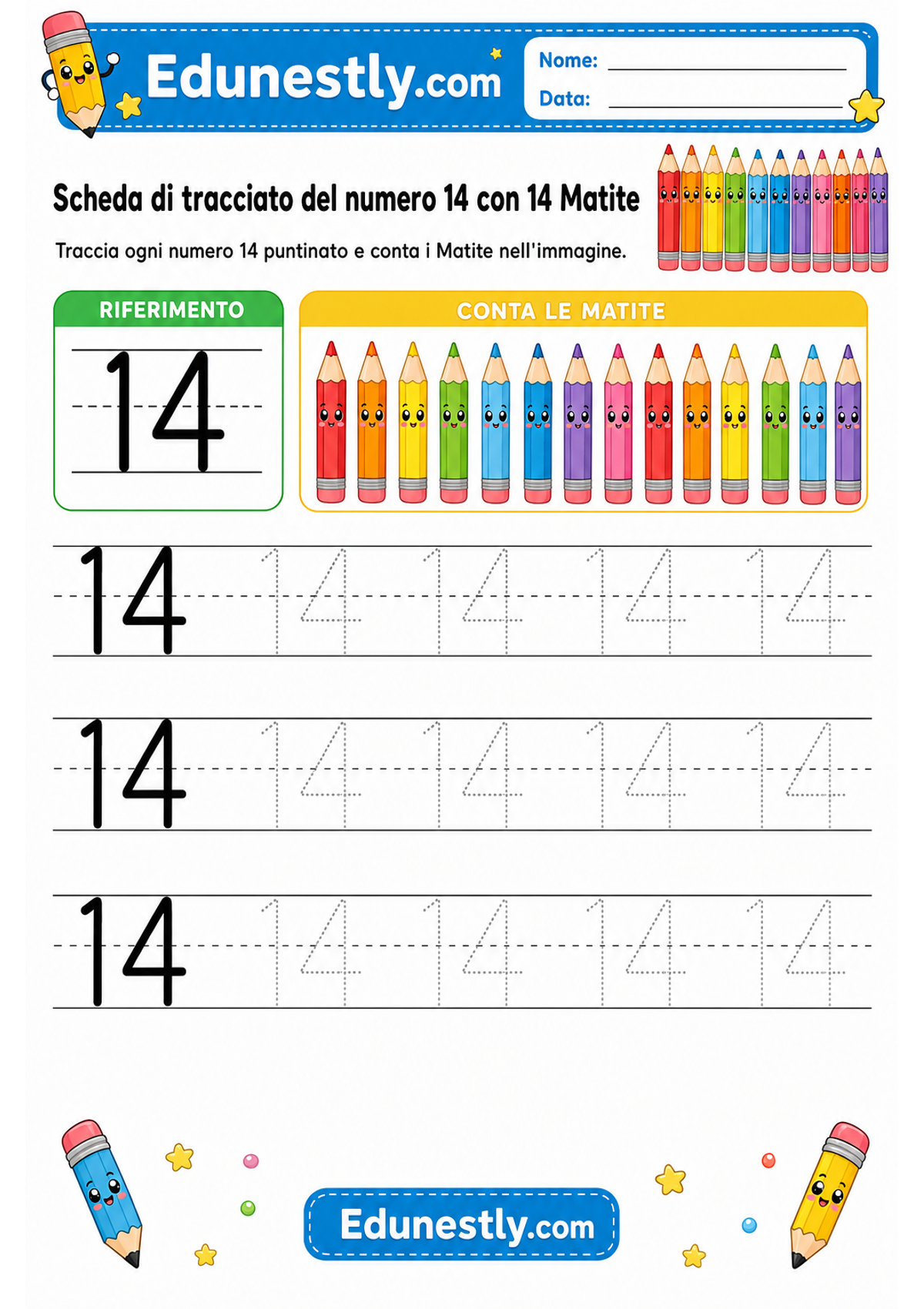 Scheda di tracciato del numero 14 con 14 Matite
