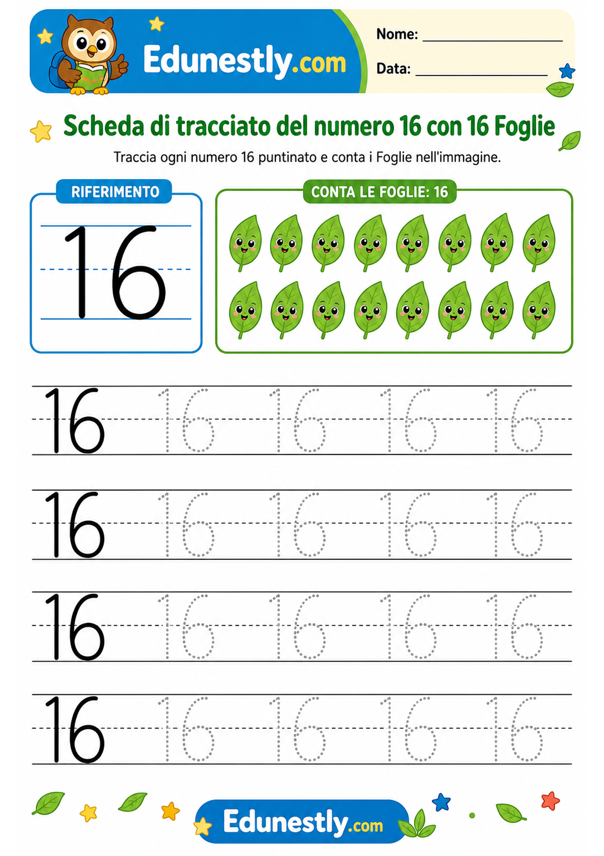 Scheda di tracciato del numero 16 con 16 Foglie