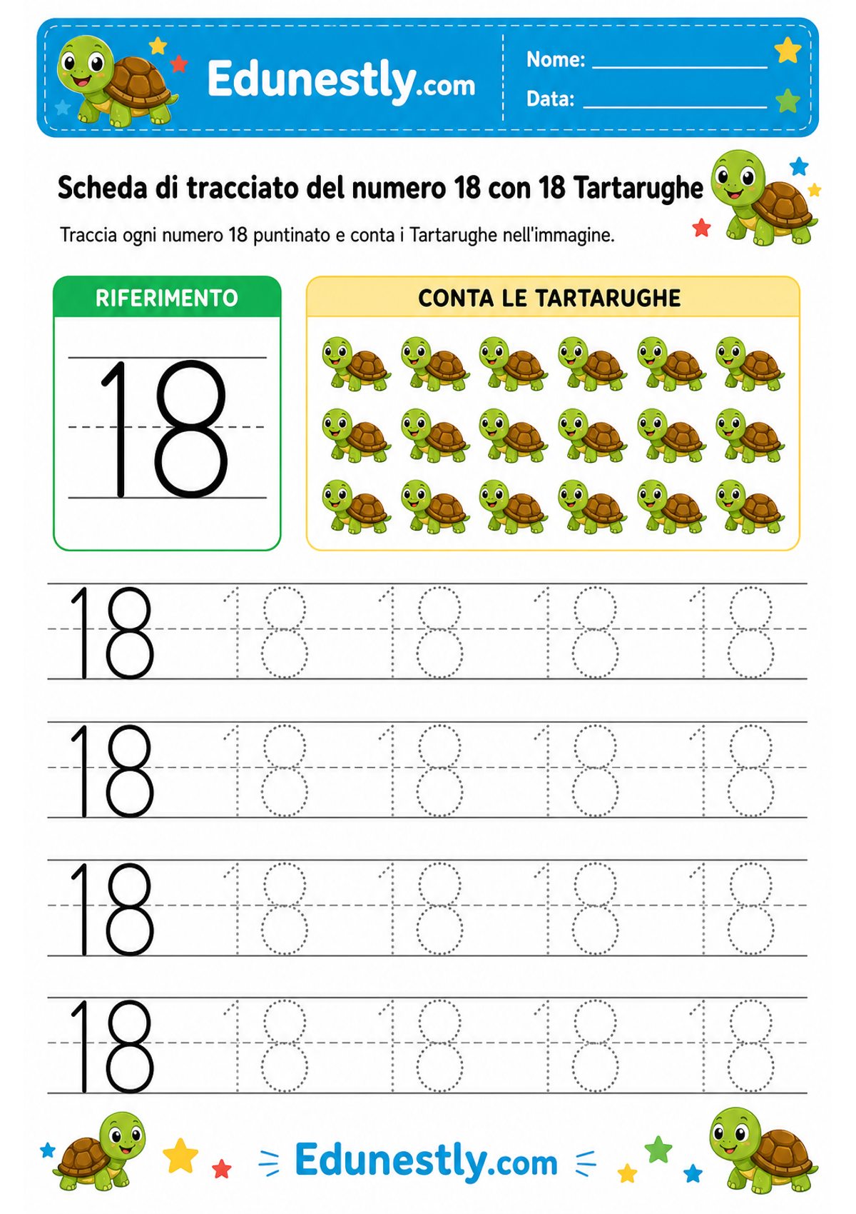 Scheda di tracciato del numero 18 con 18 Tartarughe