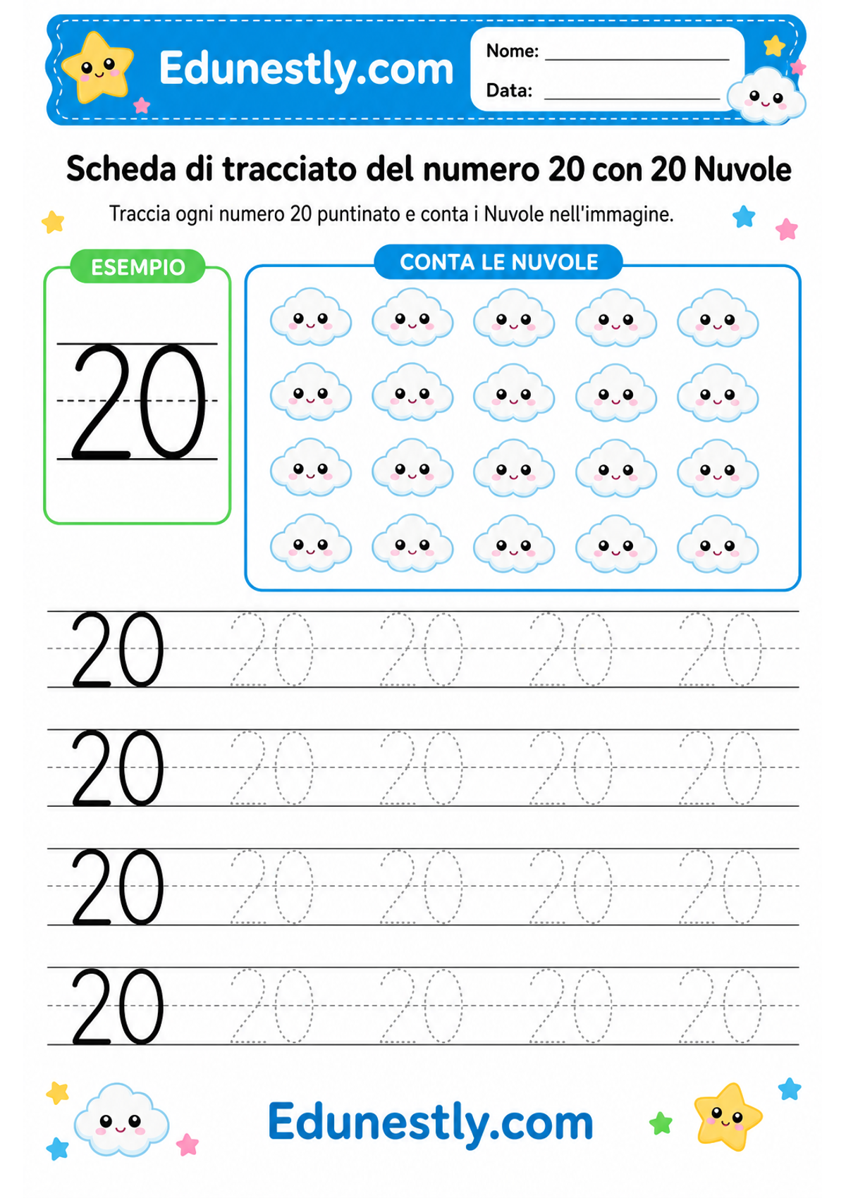 Scheda di tracciato del numero 20 con 20 Nuvole