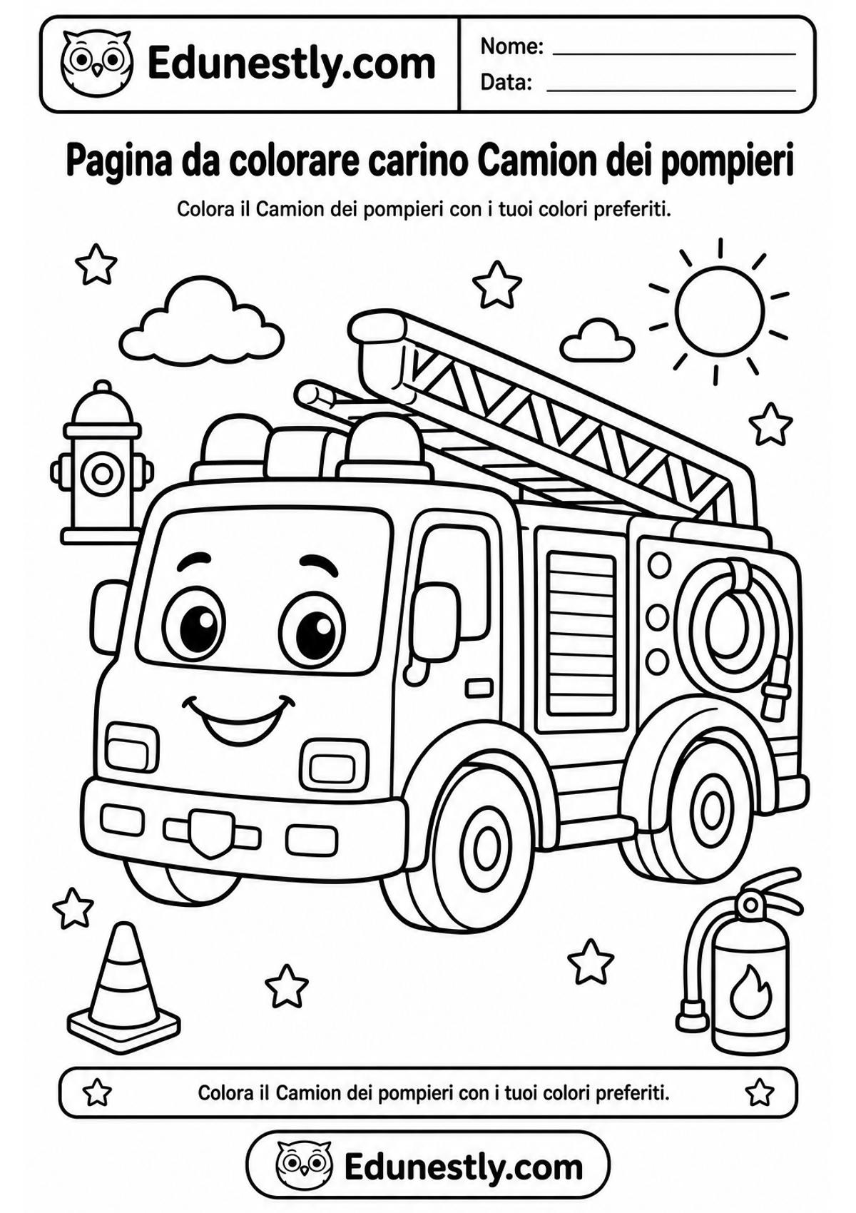 Pagina da colorare carino Camion dei pompieri