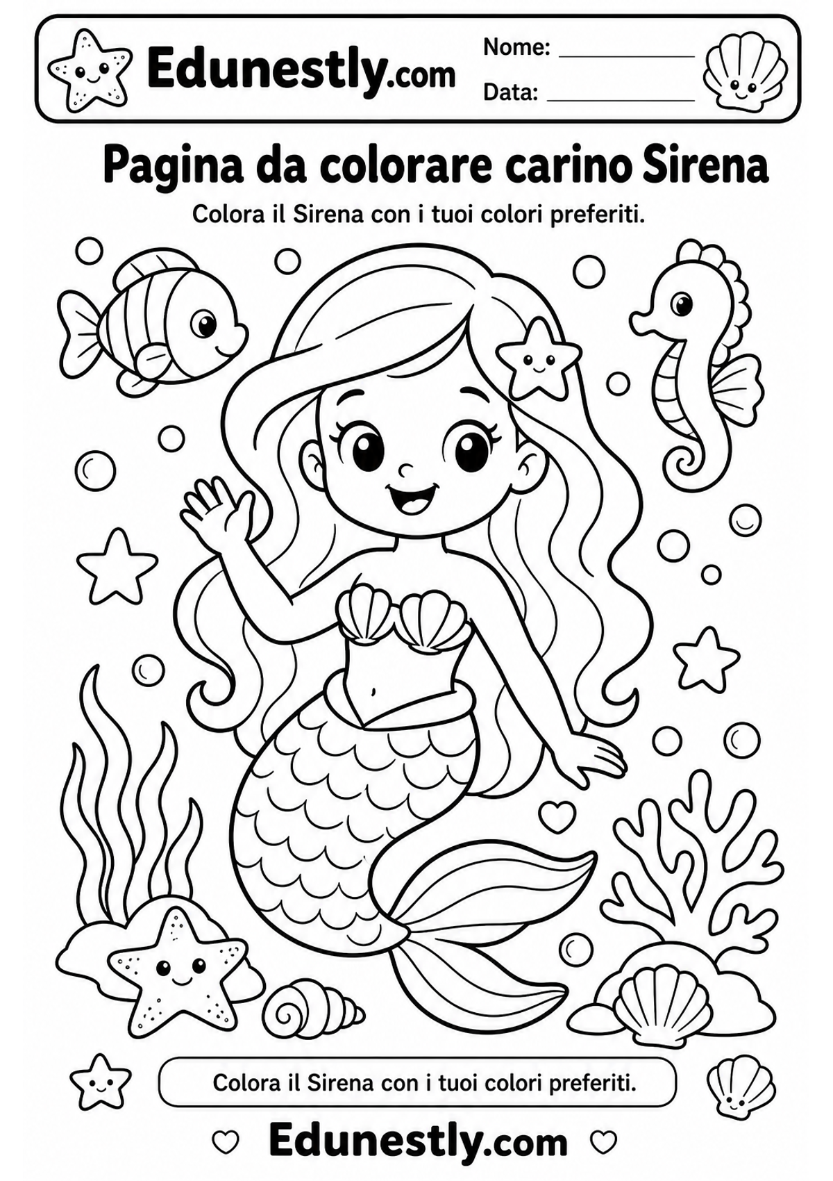 Pagina da colorare carino Sirena
