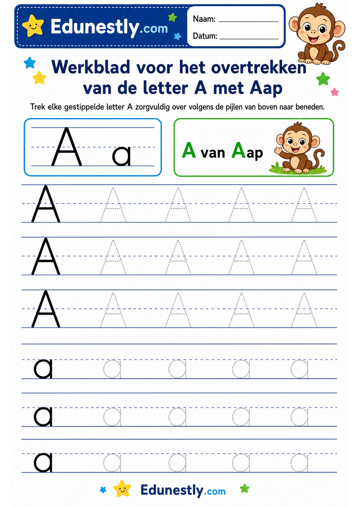 Werkblad voor het overtrekken van de letter A met Aap