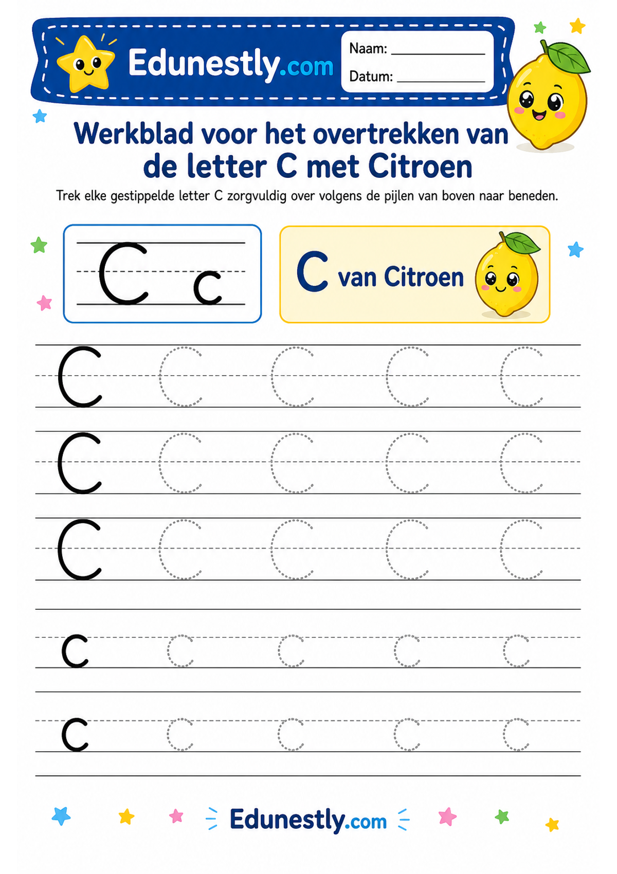 Werkblad voor het overtrekken van de letter C met Citroen