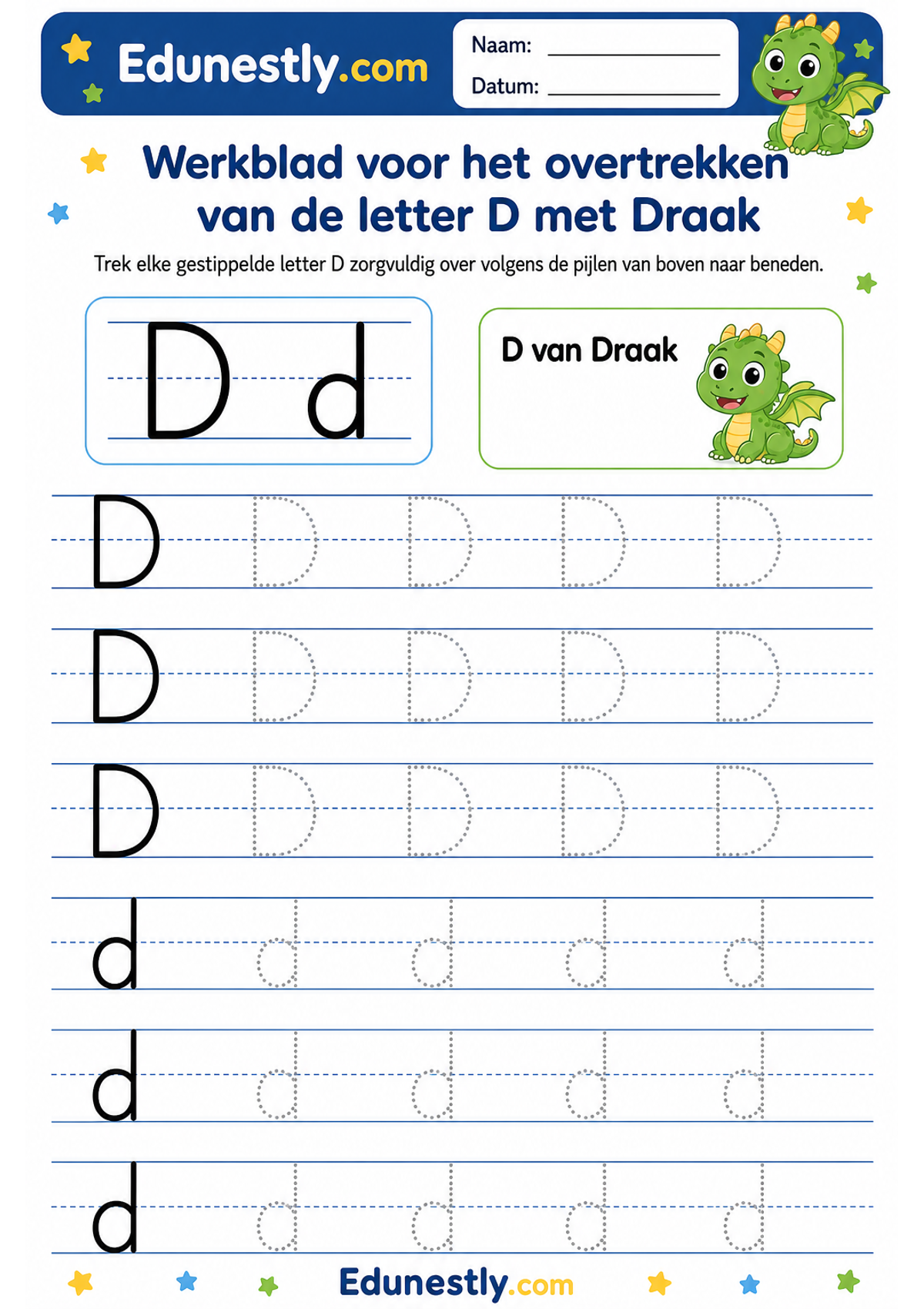 Werkblad voor het overtrekken van de letter D met Draak