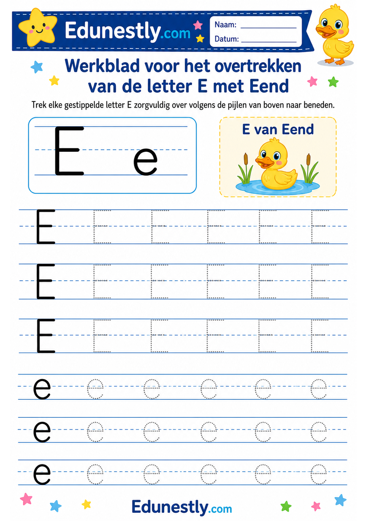 Werkblad voor het overtrekken van de letter E met Eend