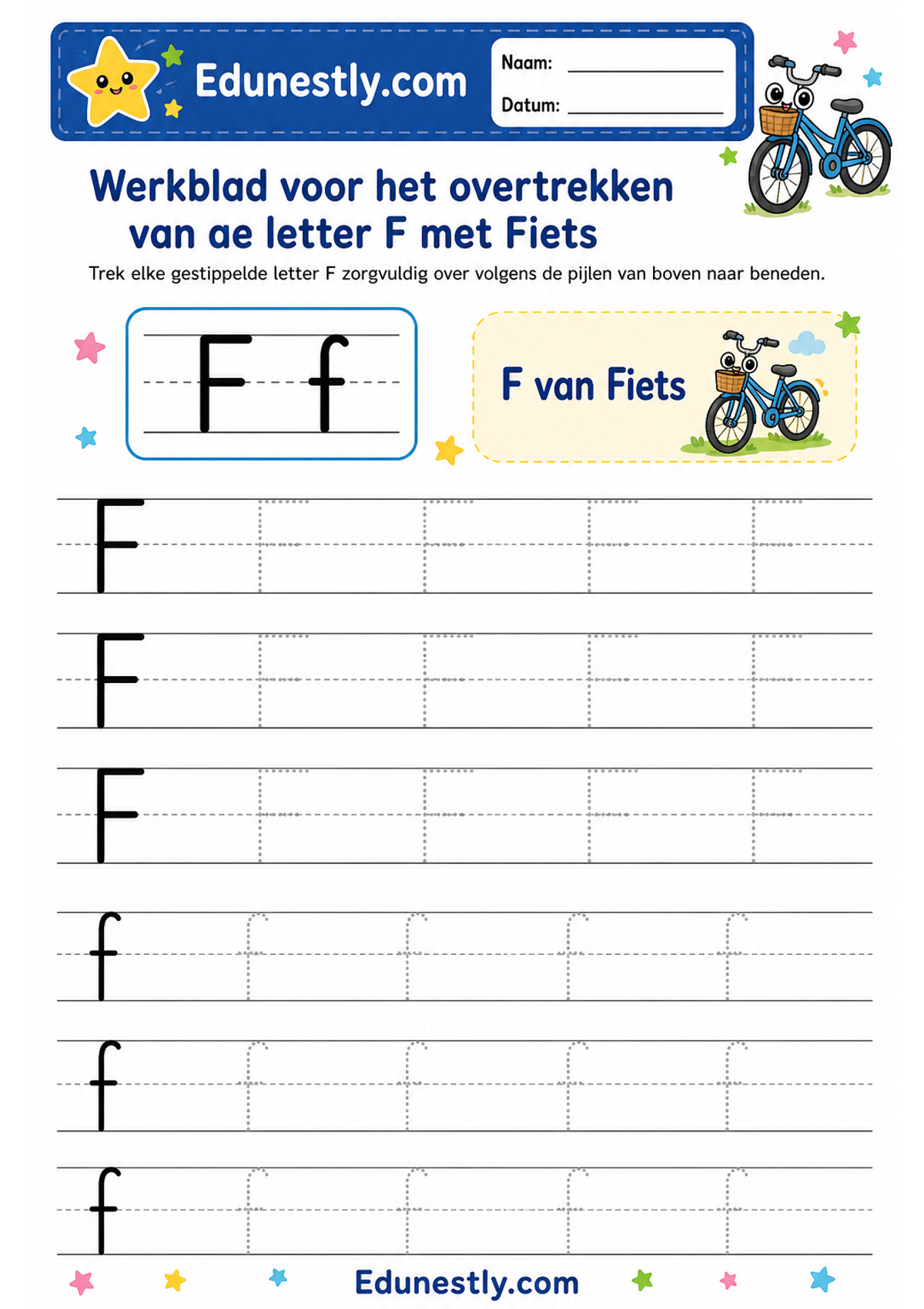 Werkblad voor het overtrekken van de letter F met Fiets