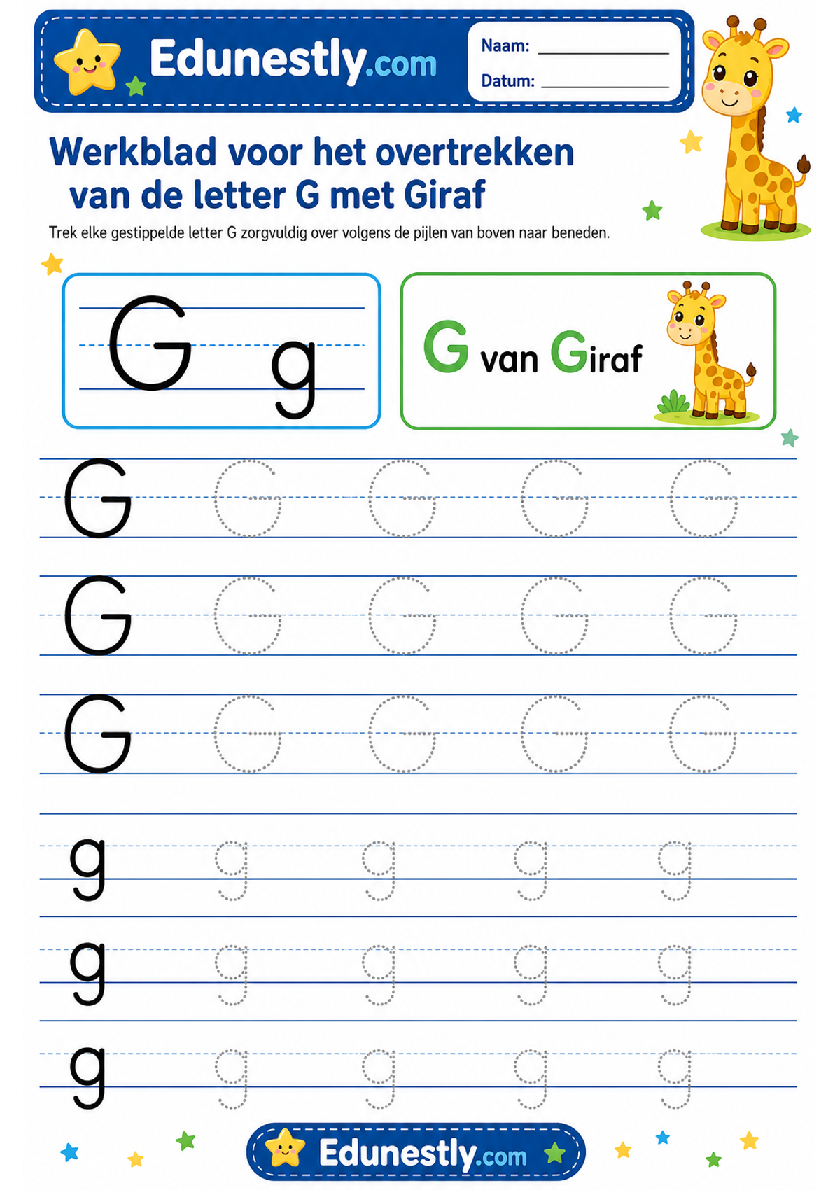 Werkblad voor het overtrekken van de letter G met Giraf