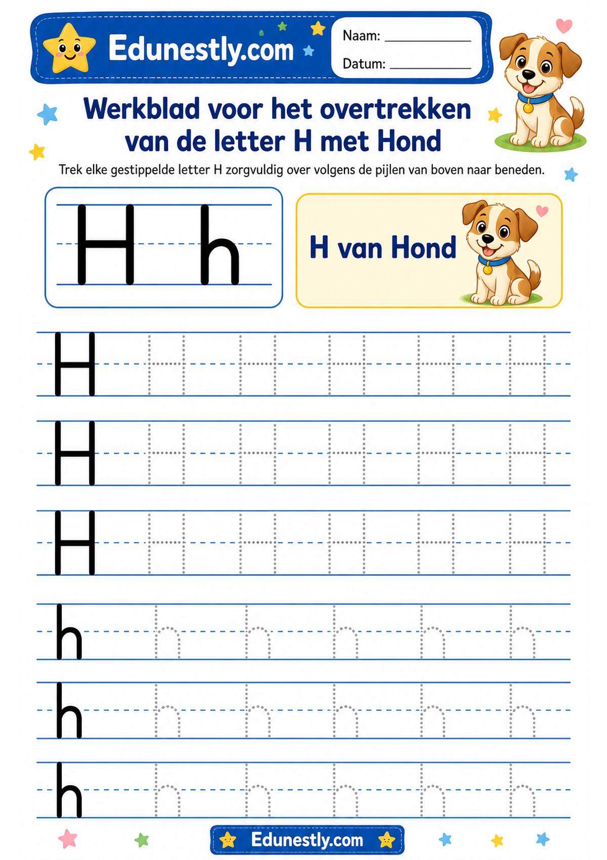 Werkblad voor het overtrekken van de letter H met Hond