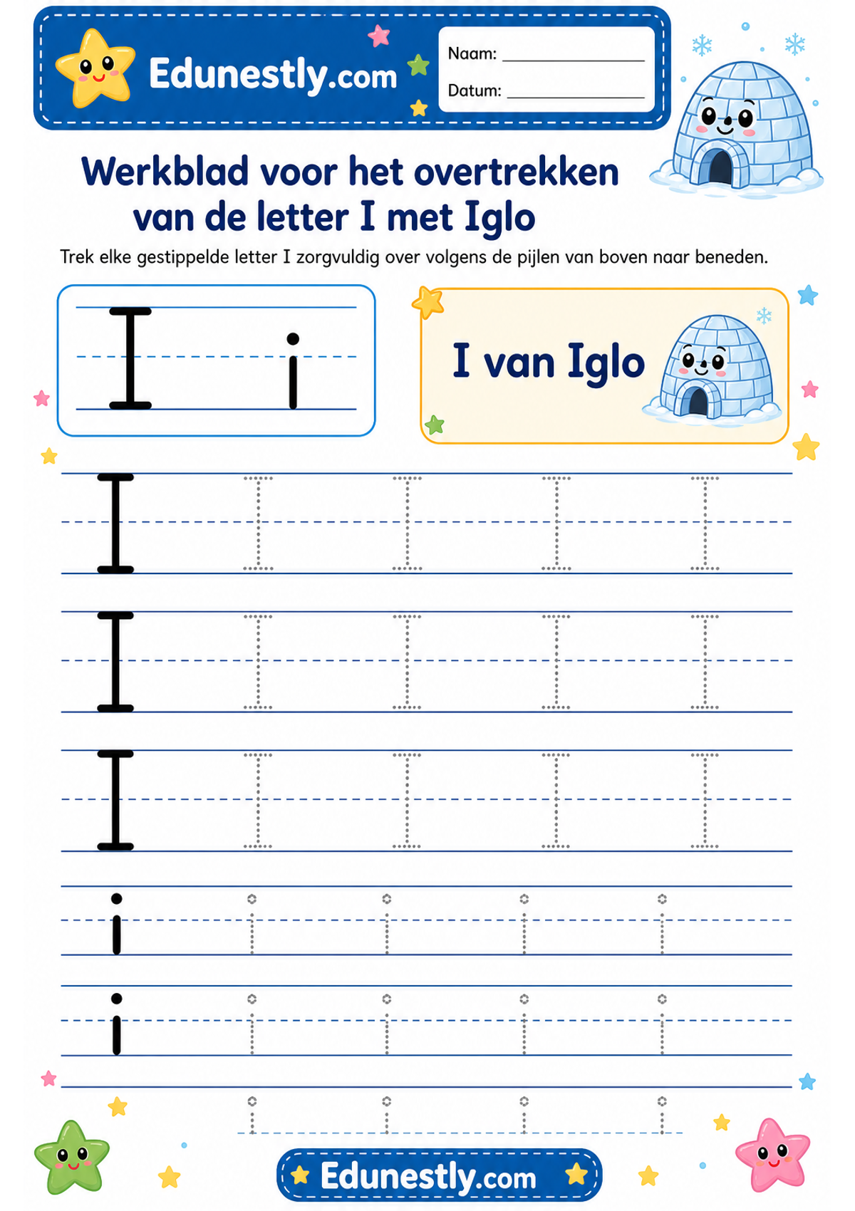 Werkblad voor het overtrekken van de letter I met Iglo