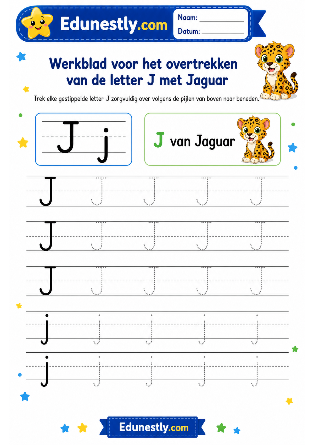 Werkblad voor het overtrekken van de letter J met Jaguar