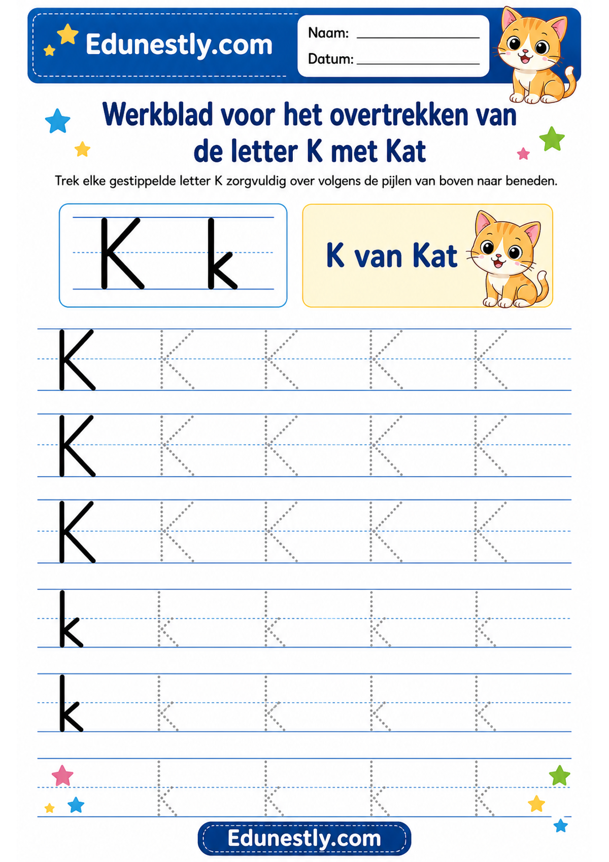 Werkblad voor het overtrekken van de letter K met Kat