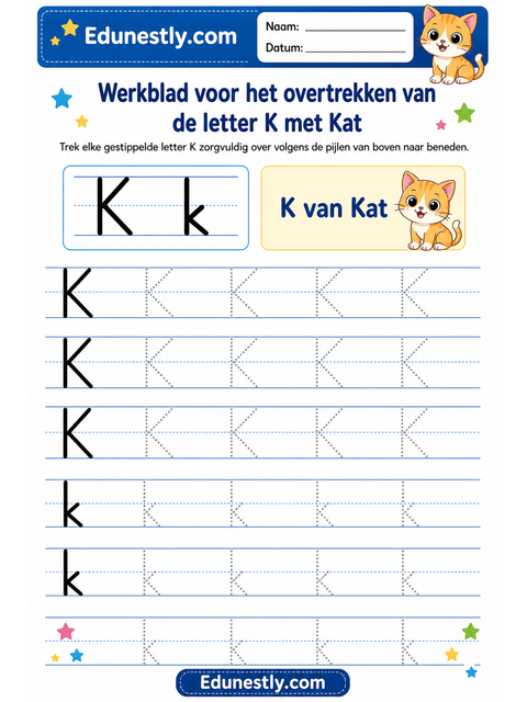 Werkblad voor het overtrekken van de letter K met Kat