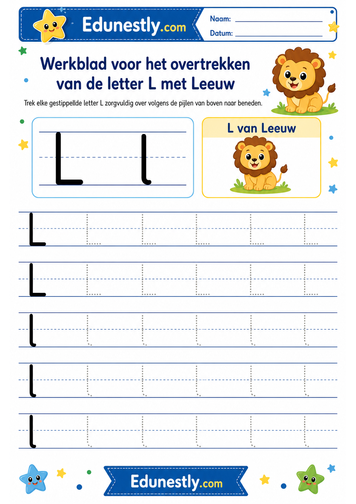 Werkblad voor het overtrekken van de letter L met Leeuw