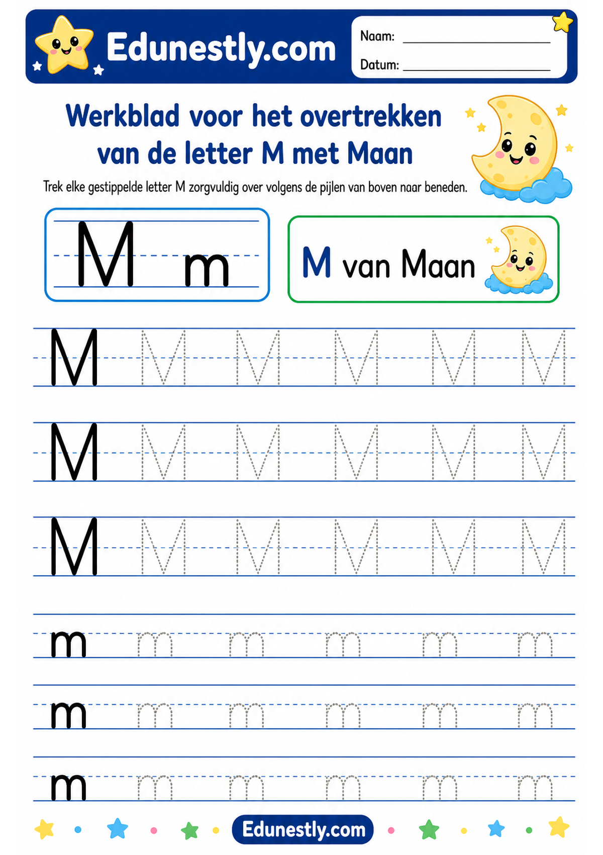 Werkblad voor het overtrekken van de letter M met Maan