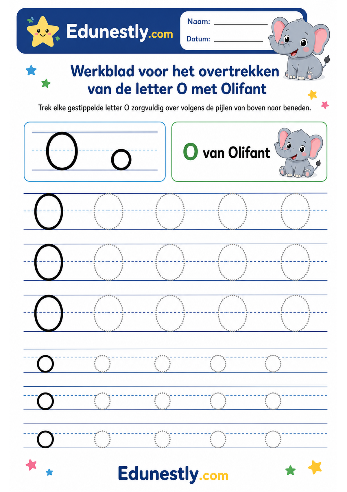 Werkblad voor het overtrekken van de letter O met Olifant