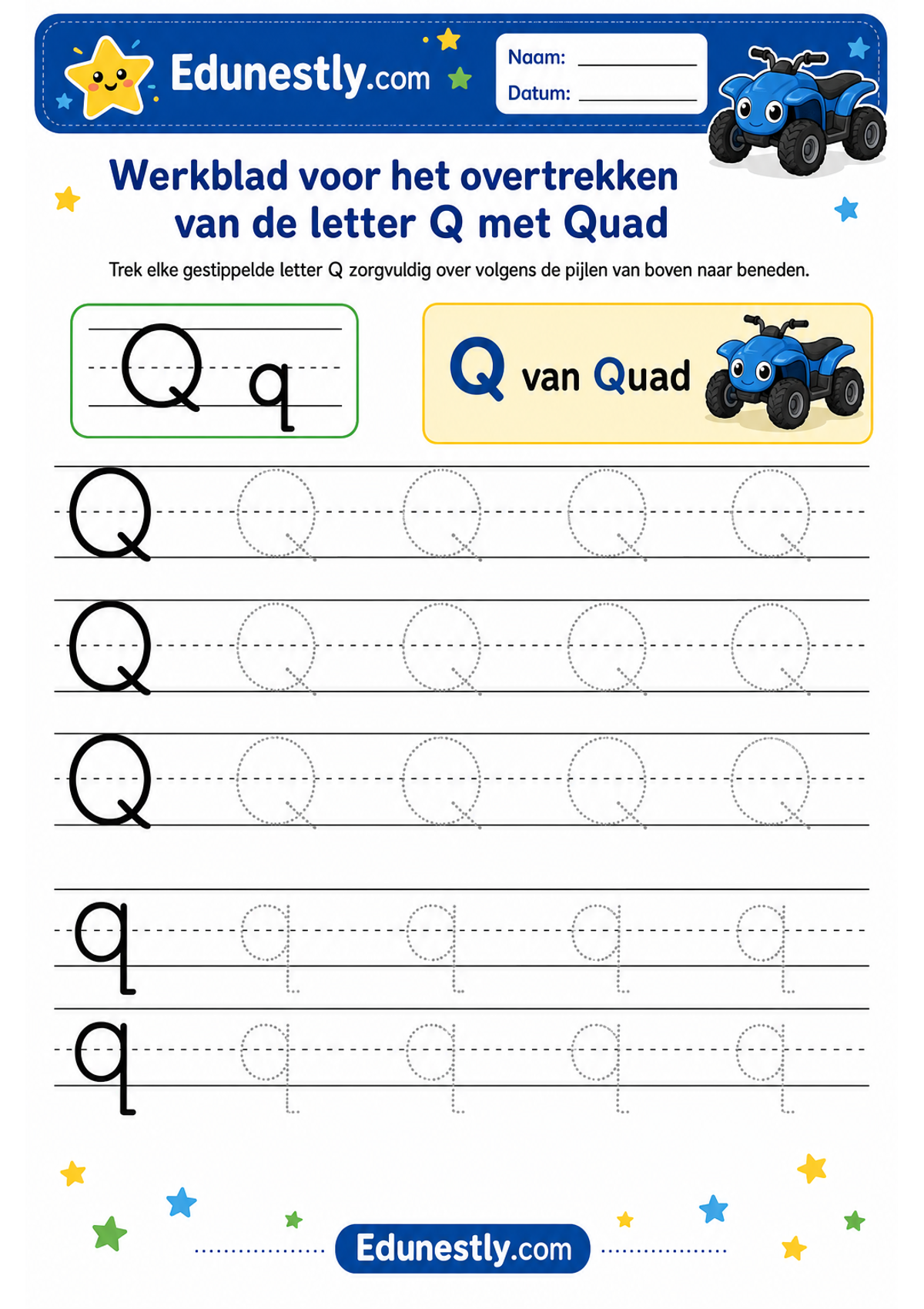 Werkblad voor het overtrekken van de letter Q met Quad
