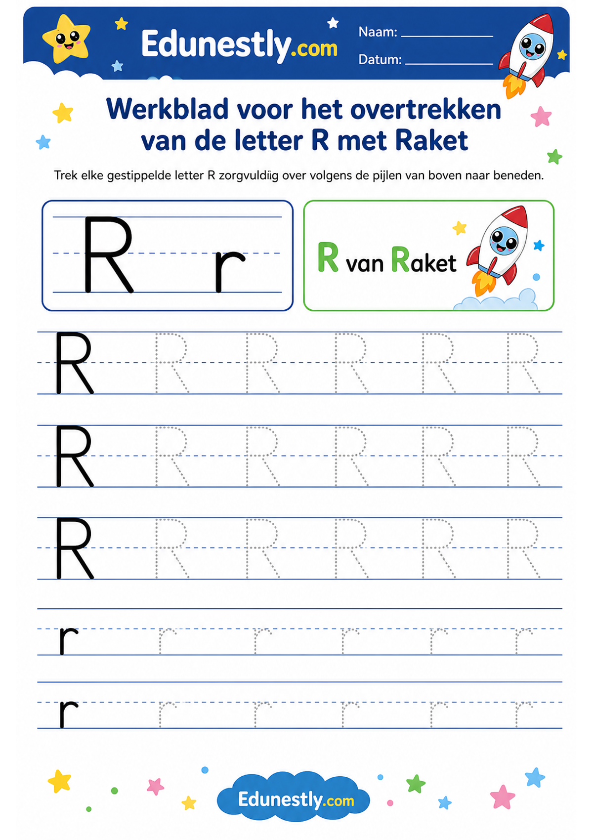 Werkblad voor het overtrekken van de letter R met Raket