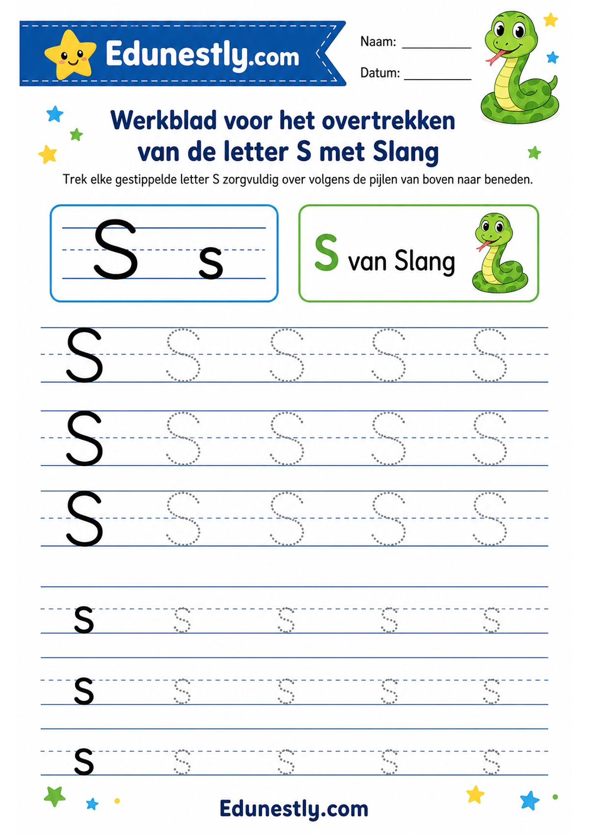 Werkblad voor het overtrekken van de letter S met Slang