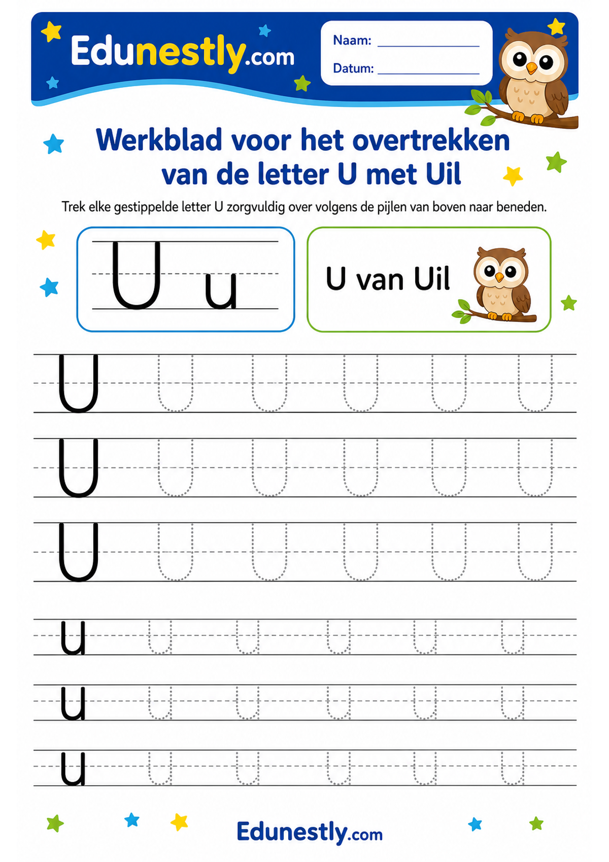Werkblad voor het overtrekken van de letter U met Uil