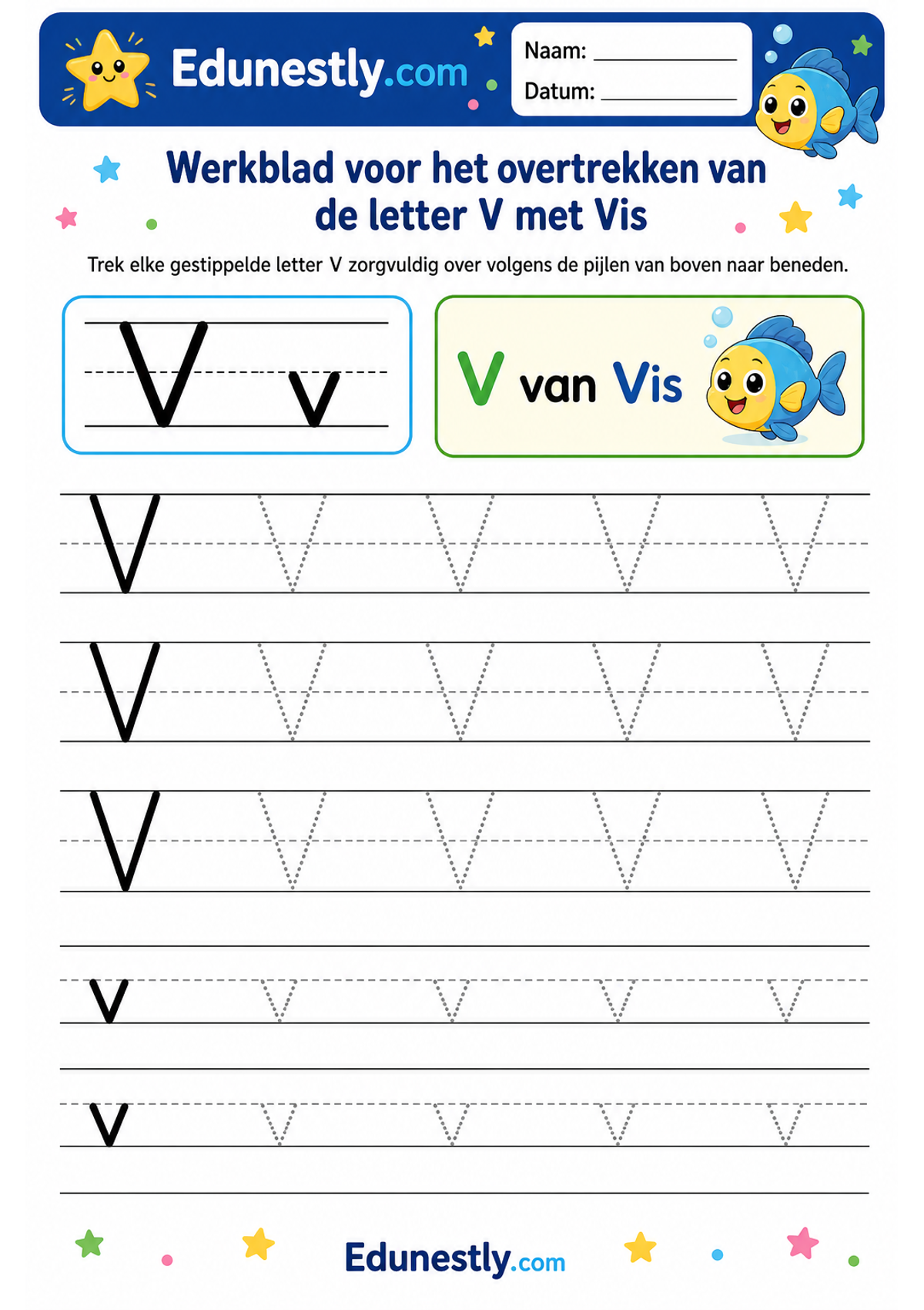 Werkblad voor het overtrekken van de letter V met Vis
