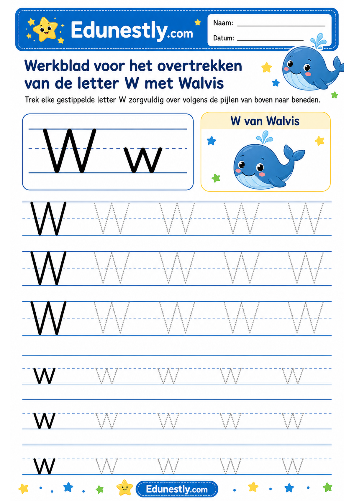 Werkblad voor het overtrekken van de letter W met Walvis