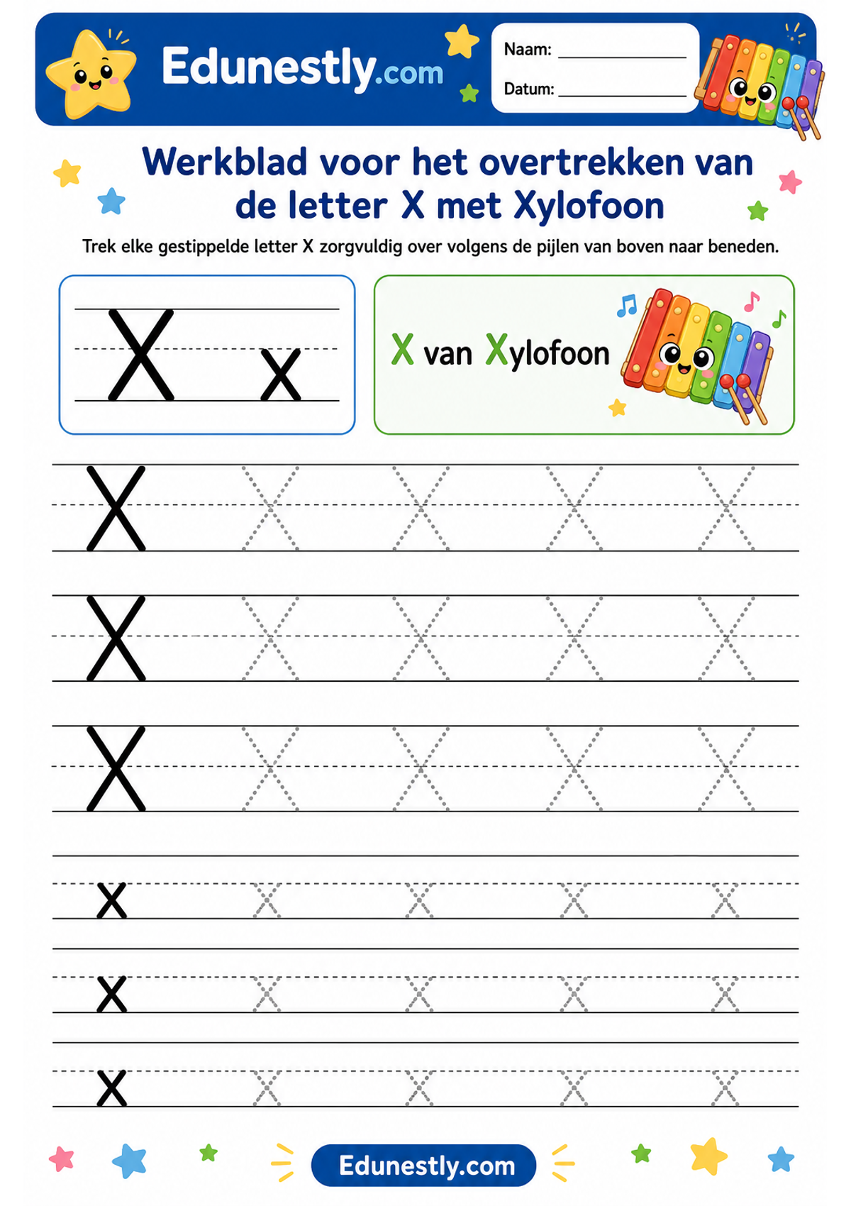 Werkblad voor het overtrekken van de letter X met Xylofoon