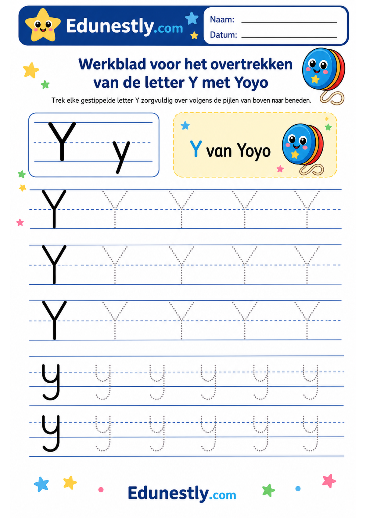 Werkblad voor het overtrekken van de letter Y met Yoyo