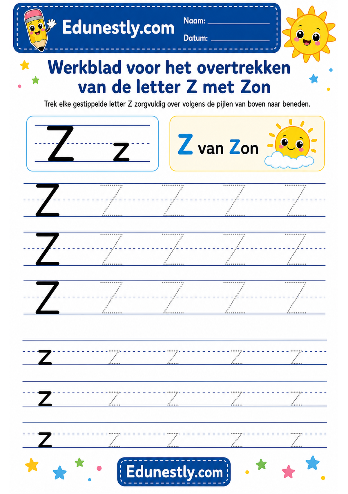 Werkblad voor het overtrekken van de letter Z met Zon