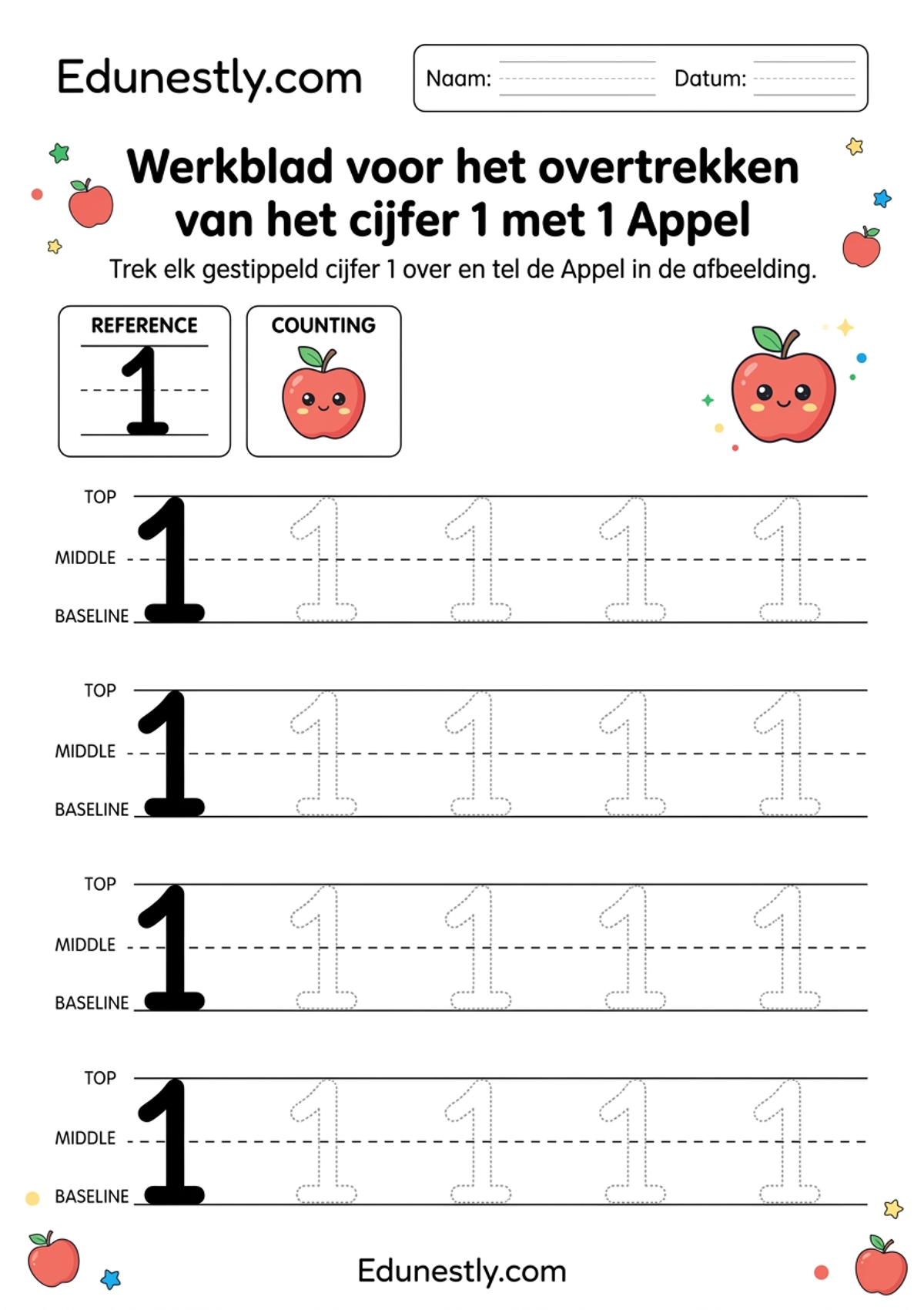 Werkblad voor het overtrekken van het cijfer 1 met 1 Appel